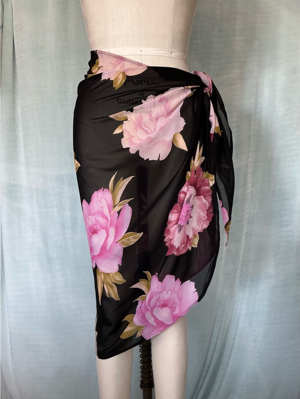 Black Floral Sarong Swim Cover-Up with Pink Peony Print